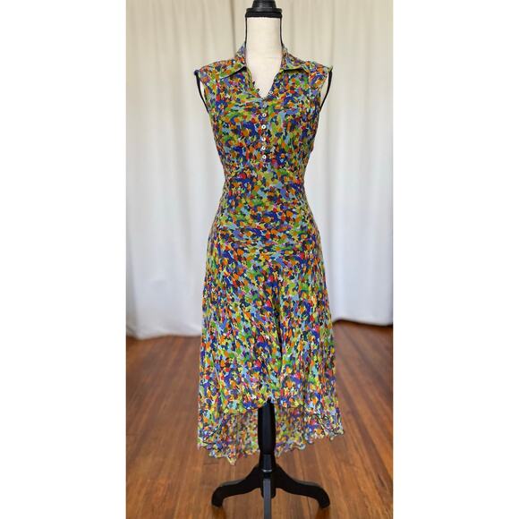 Y2K Stefanel Silk Fruit Print High-Low Dress Size S / M Belted Button Front - Picture 2 of 11